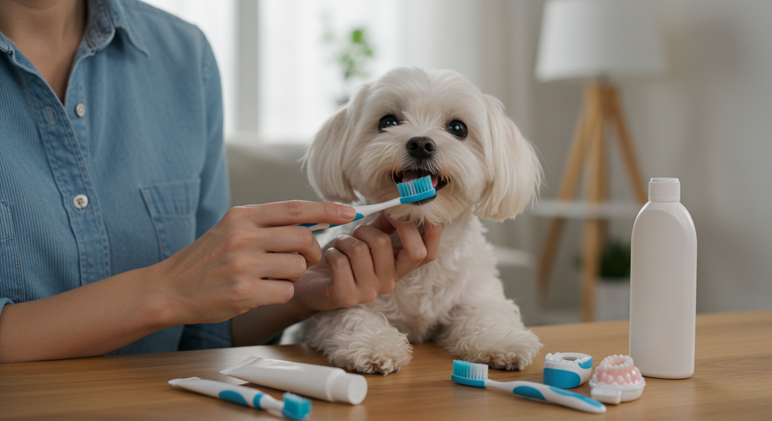A cute Maltese dog getting its teeth brushed by a smiling owner with pet dental care supplies on the table