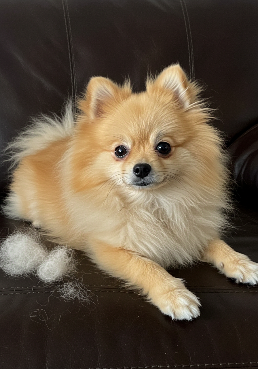 A fluffy Pomeranian dog lying on a brown leather sofa with clumps of shed fur beside it. The dog looks healthy and alert, showing natural seasonal shedding.