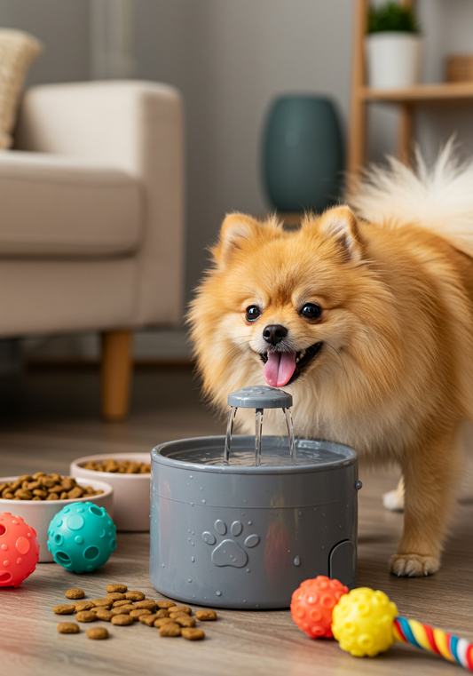 Happy Pomeranian dog drinking from a pet water fountain surrounded by dog food and colorful toys in a cozy indoor room.
