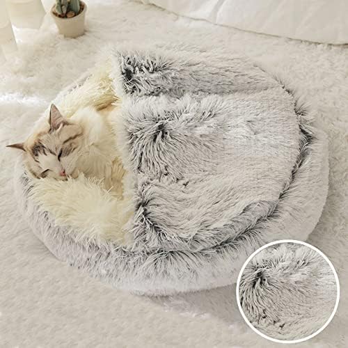 Cat Bed Round Fluffy Hooded Cat Bed Cave, Anti-Anxiety Cave Bed with Hooded Blanket, Cozy Cuddler Luxury Puppy Pet Bed, Anti-Slip Bottom and Machine Washable (Grey, Medium)