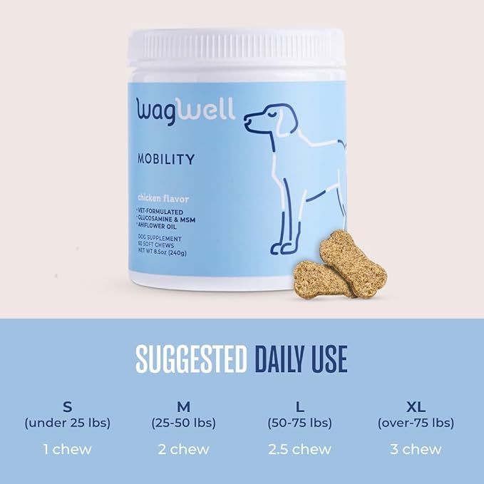 WagWell Mobility Chews – Vet Formulated Hip and Joint Supplement for Dogs - Natural Dog Joint Supplement with Glucosamine and MSM – Dog Joint Supplement for Large Breeds and Small Breeds, 60 Chews