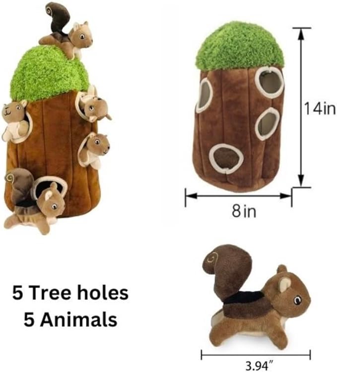 Squirrel in Tree Hide and Seek Toy for Small and Medium Size Dogs, Plush Squirrel Inside Trunk With Squeaker, Interactive Burrow (Tree With Squirrels, Large)