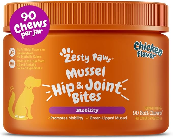 Zesty Paws Mussel Mobility Bites for Dogs - New Zealand Green Lipped Mussel with Natural Glucosamine & Chondroitin + Omega-3 Fatty Acids - Hip & Joint Support Supplement Soft Chews – 90 Count