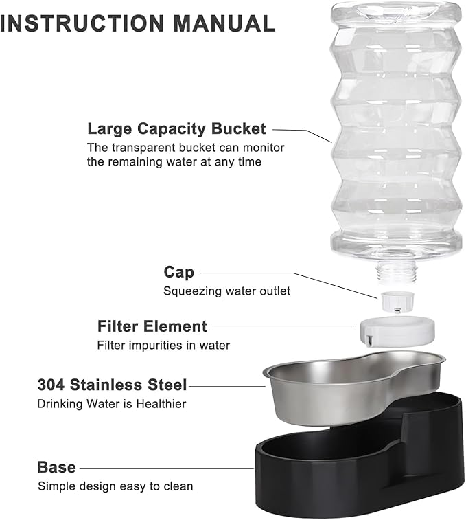 8L Automatic Pet Waterer, 100% BPA Free, Stainless Steel Gravity Feeder, Convenient Drinking Water Dispenser Designed for Dogs and Cats (Black, 8L)