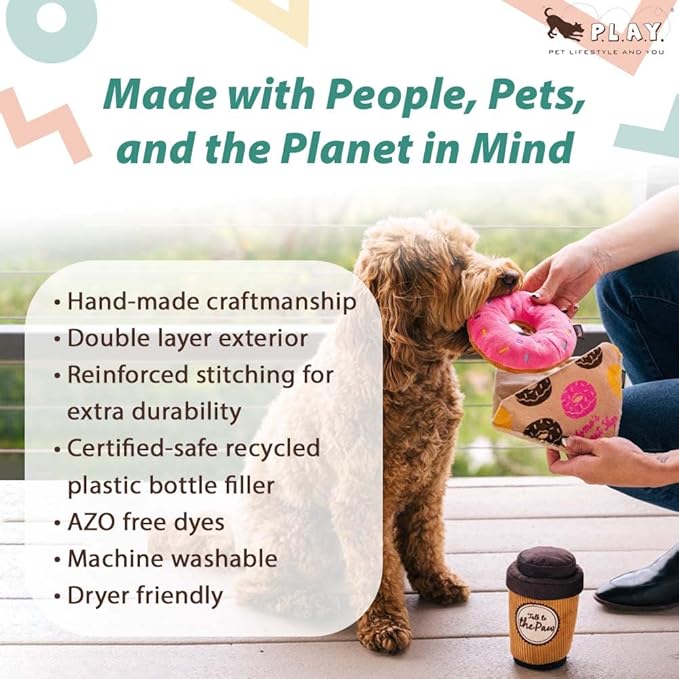 P.L.A.Y. Cute Plush Dog Toys - Coffee Shop Food Themed Durable Squeaker Chew Toy, Great for Puppies & Small, Medium, Large Dogs - Machine Washable, Recycled Materials (Pup Cup Cafe Cookies n' Treats)