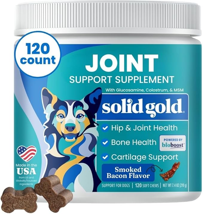 Solid Gold Glucosamine for Dogs Hip and Joint Supplement - Glucosamine Chondroitin MSM for Dog Pain Relief - Leaps & Hounds Chews for Dog Arthritis Pain Relief & Overall Mobility - 120 Soft Chews