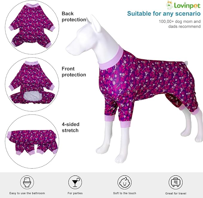 LovinPet Big Dogs Pajamas Jumpsuit, Pet Anxiety Relief Shirt, Sun Protection Dog Shirt, Comfy Stretchy Fabric, Indigo Garden Print, Big Dog Surgery Recovery PJ's, Girl or Boy Dog Party Apparel, 2XL