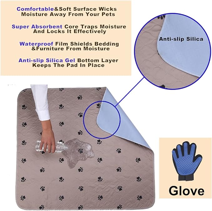 SincoPet Washable Dog Pee Pads with Puppy Grooming Gloves,Puppy Pads,Reusable Pet Training Pads,Large Dog Pee Pad,Waterproof Pet Pads for Dog Bed Mat,Super Absorbing Whelping Pads 36x72 In(Pack of 2)