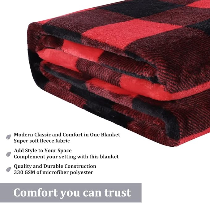 PiccoCasa Plaid Flannel Fleece Blanket Twin Size, Checkered Fiery Red Soft Blankets and Throws, Plush Lightweight Decors Blanket for Couch Sofa Bed, 60" x 78", Scarlet+Black Tartan