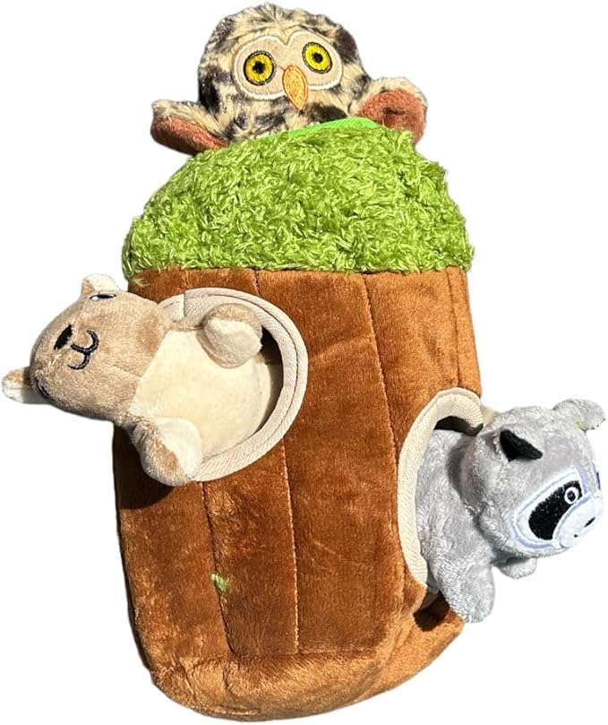 Interactive Animal in Tree Hide & Seek Toy, Plush Squirrel, Raccoon & Owl Inside, Small & Medium Dogs