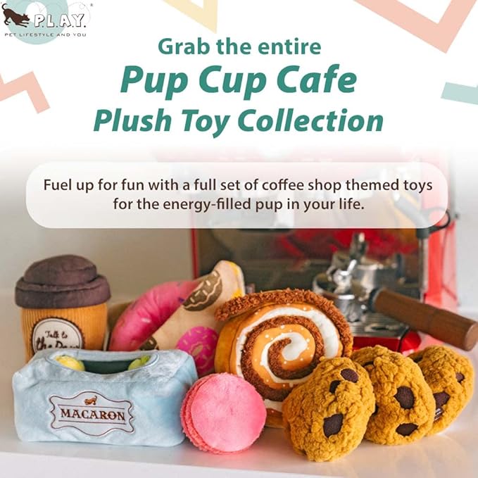 P.L.A.Y. Cute Plush Dog Toys - Coffee Shop Food Themed Durable Squeaker Chew Toy, Great for Puppies & Small, Medium, Large Dog Breeds - Machine Washable, Recycled Materials (Pup Cup Cafe Cinna-bone)