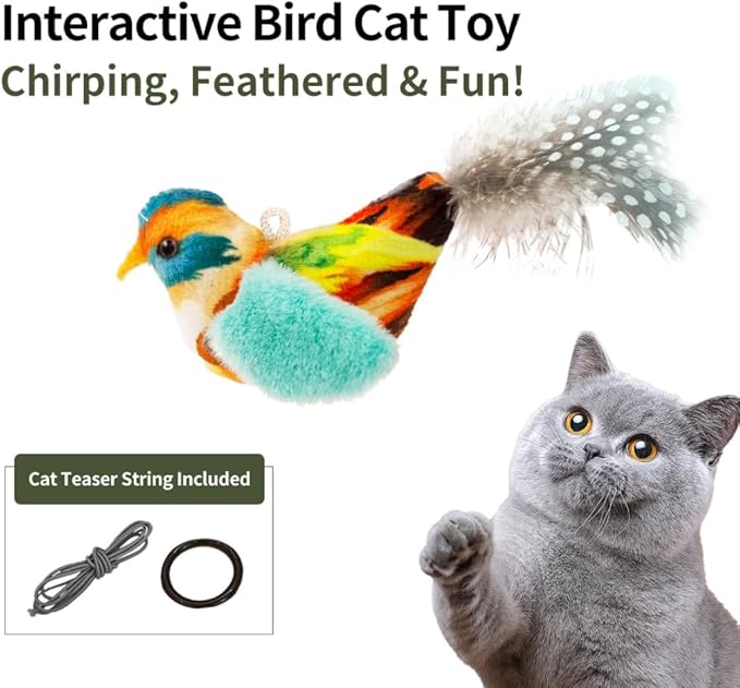 Touch Moving Pet chew, Plush, Interactive Small and Medium Pet Plush Toys Interactive Toys with Feather Built-in Battery Catnip Chirp Chew Bird Sound Playing Cat Toys.
