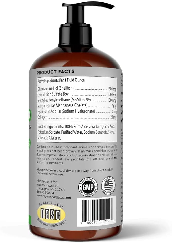 Premium Liquid Glucosamine for Dogs Strength Joint Support, Flexibility, Cartilage & Mobility - Hip and Joint Supplement with Chondroitin, MSM, Collagen & Hyaluronic Acid (32 Oz)