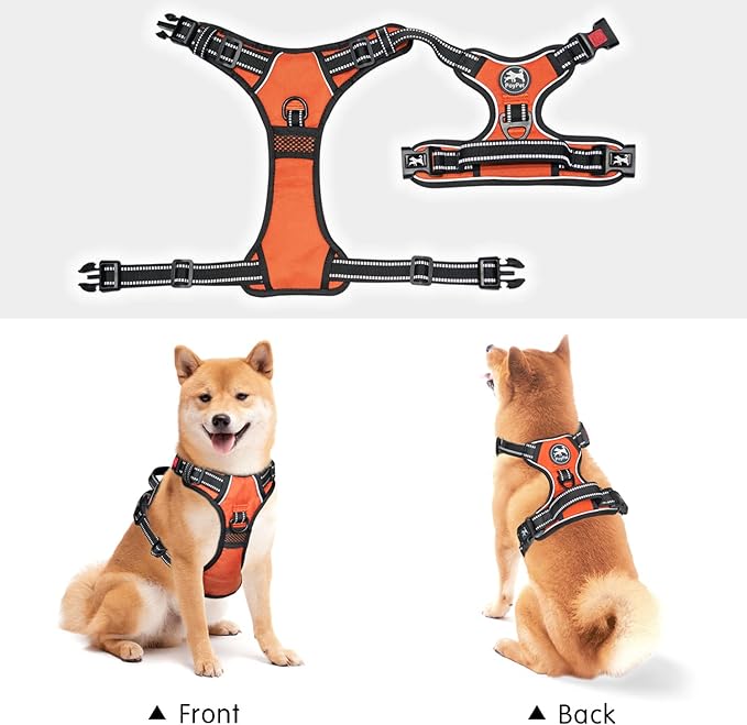 PoyPet No Pull Dog Harness, No Choke Front Clip Dog Reflective Harness, Adjustable Soft Padded Pet Vest with Easy Control Handle for Small to Large Dogs(Orange,M)