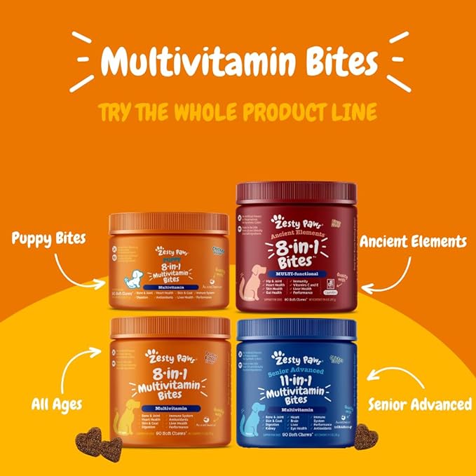 Zesty Paws Multivitamin Treats for Dogs, Glucosamine Chondroitin Joint Support + Digestive Enzymes & Probiotics, Grain Free Dog Vitamins and Supplements for Skin & Coat, Peanut Butter - 90ct
