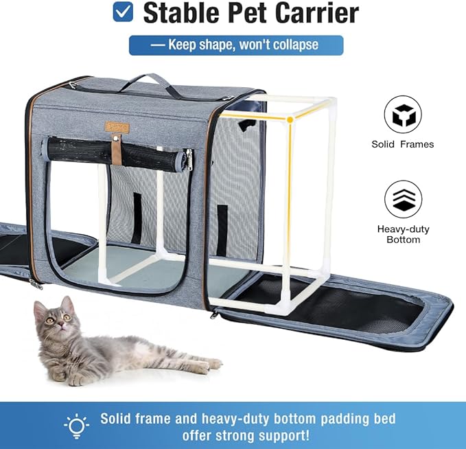 Lekereise 2-in-1 Large Cat Carrier for 2 Cats up to 45 Lbs, (20.85"*2)*19.7"*19.7" Car Travel Carrier with Litter Box, Bowl, and Locking Zipper - Grey