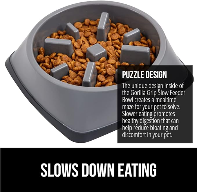 Gorilla Grip Slow Feeder Dog and Cat Bowls, Interactive Puzzle Toy for Dogs and Cats Food Training, Keeps Pets Busy and Prevents Puppy Overeating, Large, Small Breeds, 100% BPA Free, 1 Cup Gray