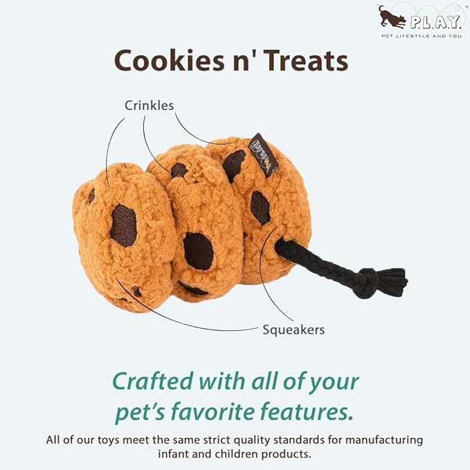 P.L.A.Y. Cute Plush Dog Toys - Coffee Shop Food Themed Durable Squeaker Chew Toy, Great for Puppies & Small, Medium, Large Dogs - Machine Washable, Recycled Materials (Pup Cup Cafe Cookies n' Treats)