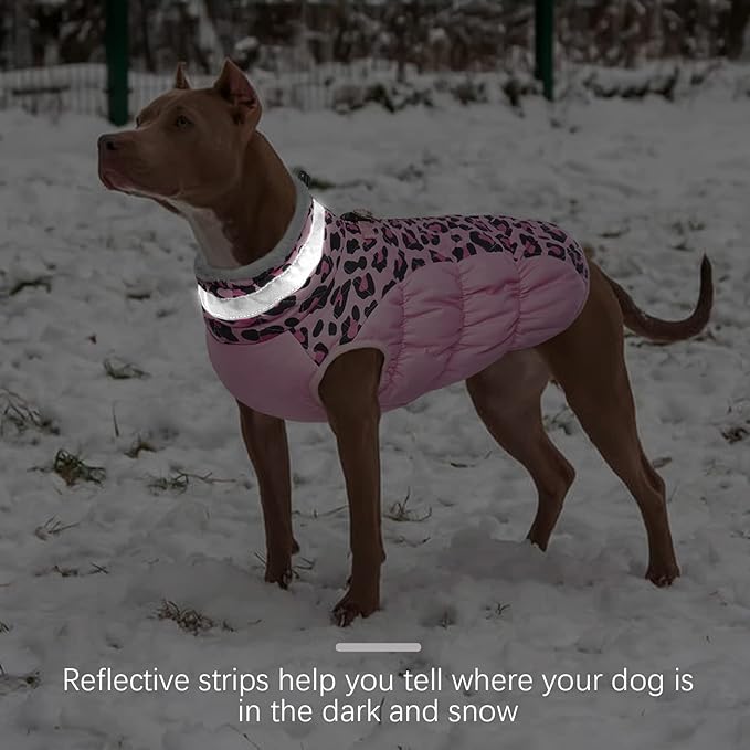 FUAMEY Dog Winter Coat - Dog Jacket with Zipper, Built-in Harness, Padded Vest, Water Resistant, Reflective - Pink Leopard, S, M, L