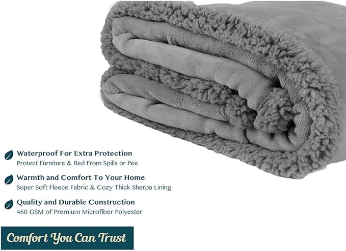 PAVILIA Waterproof Blanket for Couch, Sofa | Waterproof Dog Blanket for Large Dog, Puppy, Cat | Pet Blanket Protector | Plush Soft Warm Fuzzy Sherpa Blanket Bed Throw, Light Grey, 60x80