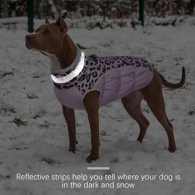 FUAMEY Dog Winter Coat - Cold Weather Jacket with Zipper, Built-in Harness, Padded Vest, Water Resistant, Reflective - Purple Leopard, S, M, L
