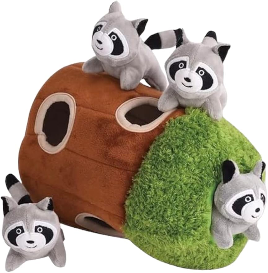 Hide and Seek Dog Toy, Plush Raccoon in Tree, Interactive Burrow, Squeaky, Woodland Style, Mental Stimulation, Fetch Fun, Replacement Toys, Medium Size, 4-Pack, Grey (Raccoon in Tree Medium)