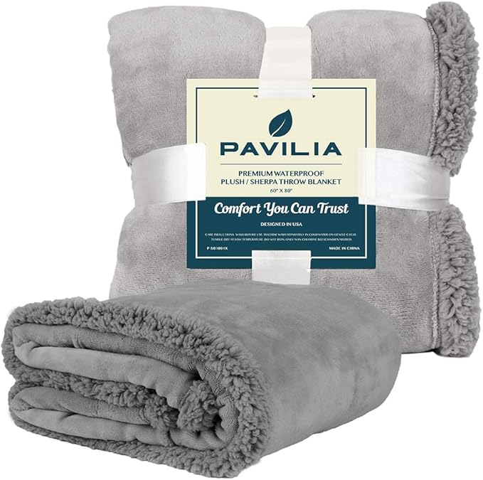 PAVILIA Waterproof Blanket for Couch, Sofa | Waterproof Dog Blanket for Large Dog, Puppy, Cat | Pet Blanket Protector | Plush Soft Warm Fuzzy Sherpa Blanket Bed Throw, Light Grey, 60x80