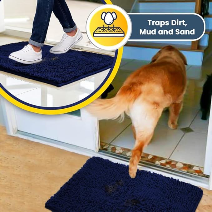 Muddy Mat® Shown on TV – Super Absorbent Microfiber Dog Door Mat for Muddy Paws, Non-Slip Washable Pet Rug, Quick Dry Chenille Entryway Carpet, Machine Washable Indoor Outdoor mat, Navy Blue 30"x19"
