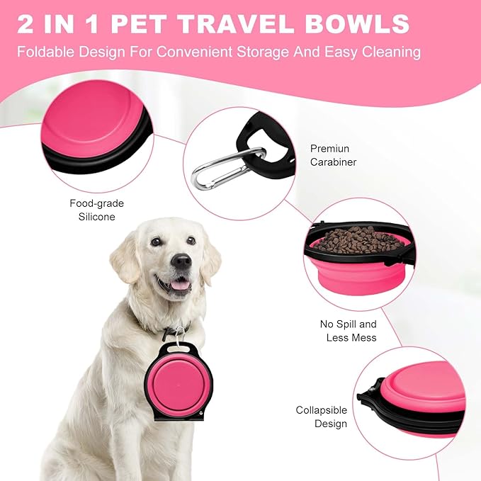 Collapsible Silicone Cat and Dog Travel Bowls,2 in 1 Foldable Pet Feeding and Watering Dish for Walking Camping Hiking with Carabiner (Rose Red)