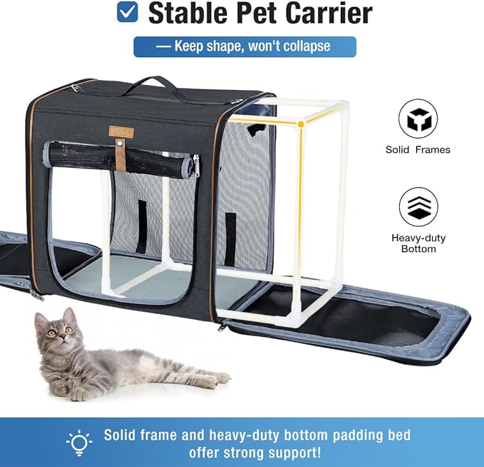 Lekereise 2-in-1 Large Cat Carrier for 2 Cats up to 45 Lbs, (20.85"*2)*19.7"*19.7" Car Travel Carrier with Litter Box, Bowl, and Locking Zipper - Black