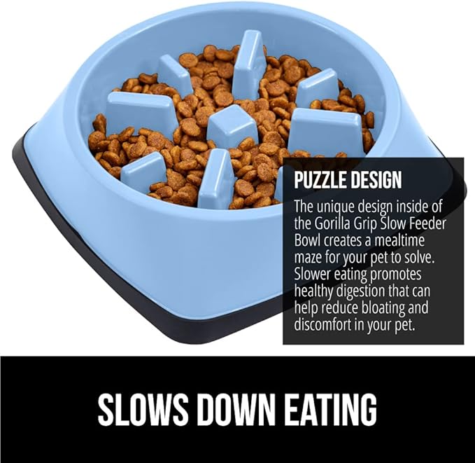 Gorilla Grip Slow Feeder Dog and Cat Bowls, Interactive Puzzle Toy for Dogs and Cats Food Training, Keeps Pets Busy and Prevents Puppy Overeating, Large, Small Breeds, 100% BPA Free, 1 Cup Light Blue