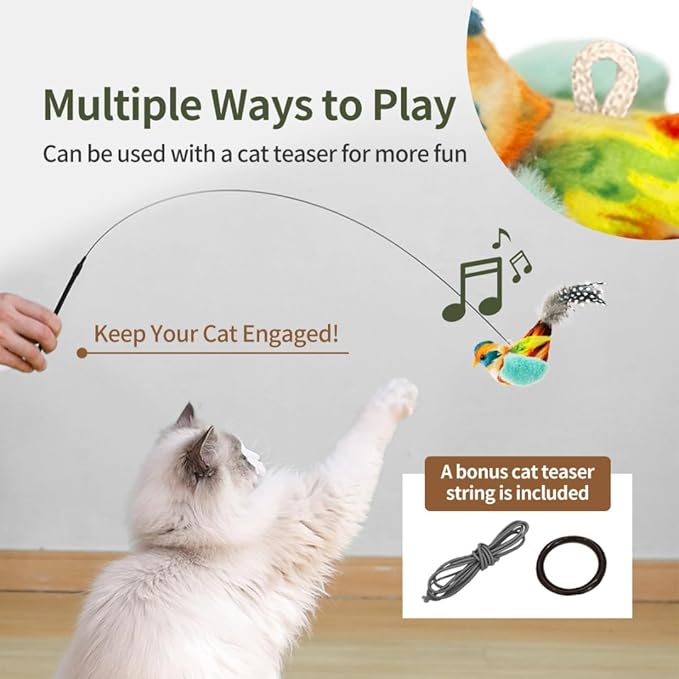 Touch Moving Pet chew, Plush, Interactive Small and Medium Pet Plush Toys Interactive Toys with Feather Built-in Battery Catnip Chirp Chew Bird Sound Playing Cat Toys.