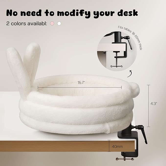 360° Rotation Cat Desk Bed, Cat Hammock Bed with Soft Rabbit Ear Cushion, Desktop Elevated Cats Beds with Metal Frames, Cats Desk Perch for Table, White