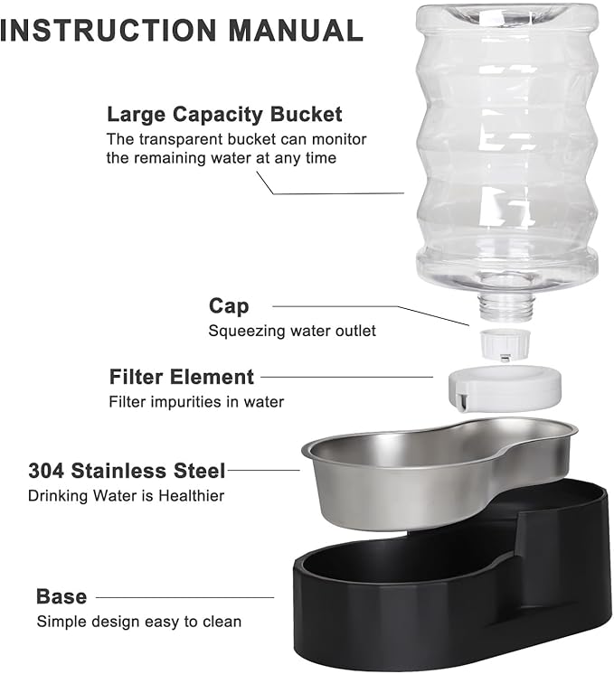 6L Automatic Pet Waterer, 100% BPA Free, Stainless Steel Gravity Feeder, Convenient Drinking Water Dispenser Designed for Dogs and Cats (Black, 6L)
