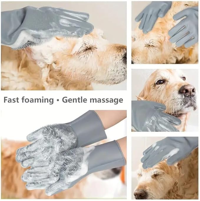 Pet Grooming Gloves,Heat-Resistant Silicone Gloves with High-Density Teeth for Enhanced Massaging and Bathing of Dogs and Cats (Gray, 2 Pair)