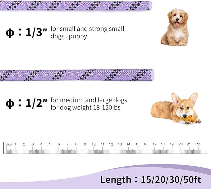 Long Dog Leash for Training 30Ft-Reflective Nylon Rope with Swivel Hook-Recall Agility Lead for Large Small Medium Dogs Outside Walking Hiking-Purple