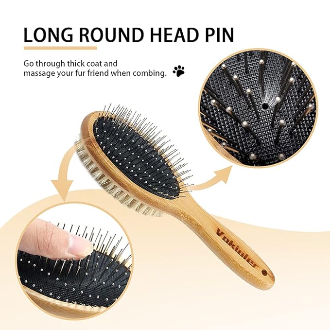 Double Sided Dog and Cat Brush - Bristle and Pin for Grooming, Real Boar Bristle With Bamboo Handle for Long Short Hair, 4 Pack Comb, Black+Yellow