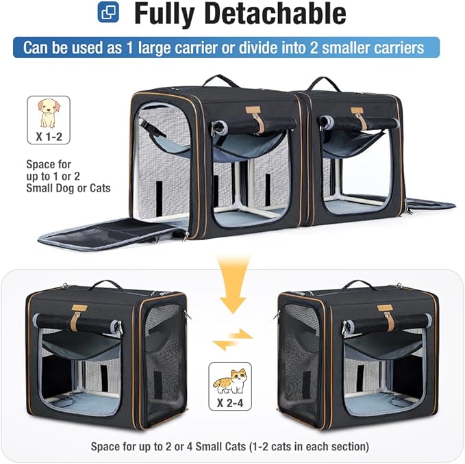 Lekereise 2-in-1 Large Cat Carrier for 2 Cats up to 45 Lbs, (20.85"*2)*19.7"*19.7" Car Travel Carrier with Litter Box, Bowl, and Locking Zipper - Black