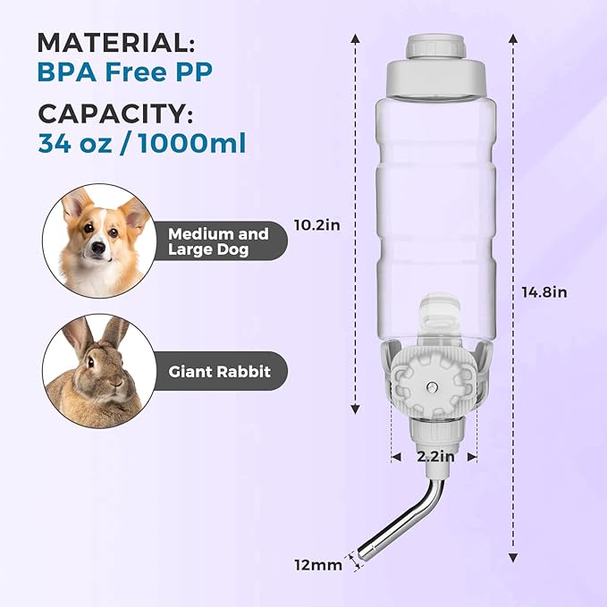 Vannon Dog Water Dispenser for Cage, 34oz Auto Feeding Crate Water Bottle for Dogs, Cats & Rabbits, Pet Nozzle Diameter: 12mm, BPA Free, Grey