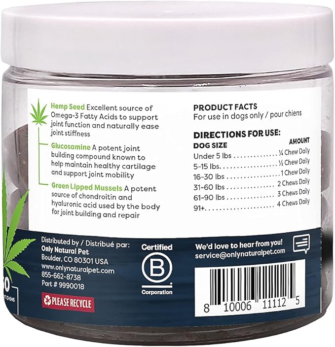 Only Natural Pet Hemp Advanced Mobility Support for Dogs Holistic Wellness Hip Bone Joint Health - Inflammatory Function Relieves Pain Stiffness Green Lipped Mussels Turmeric (HA) 60 Count