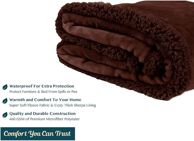 PAVILIA Waterproof Blanket for Couch, Sofa | Waterproof Dog Blanket for Large Dog, Puppy, Cat | Pet Blanket Protector | Plush Soft Warm Fuzzy Sherpa Blanket Bed Throw, Brown, 60x80