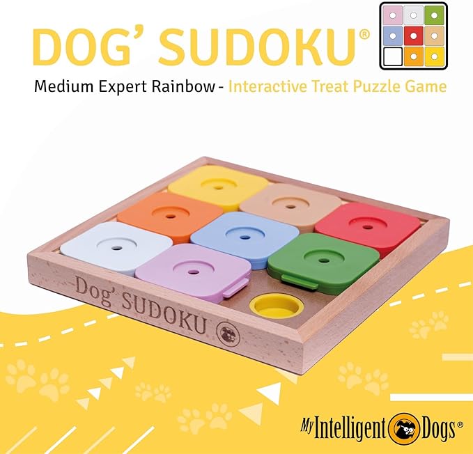 Interactive Sudoku Puzzle for Medium Dogs and Cats - Expert Brain Pet Toy - 9 Treat-Hiding Holes, Medium Wood and Plastic Design