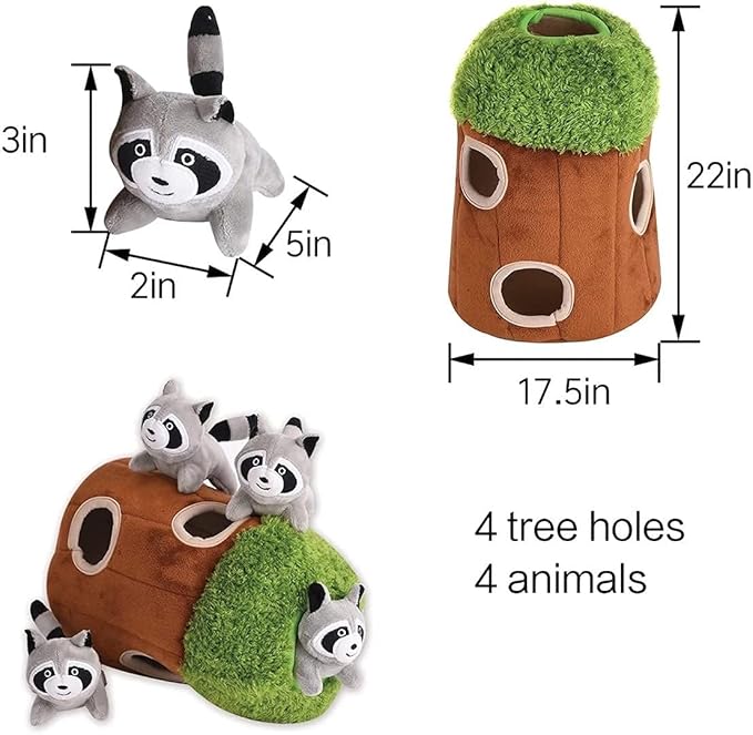 Hide and Seek Dog Toy, Plush Raccoon in Tree, Interactive Burrow, Squeaky, Woodland Style, Mental Stimulation, Fetch Fun, Replacement Toys, Medium Size, 4-Pack, Grey (Raccoon in Tree Medium)