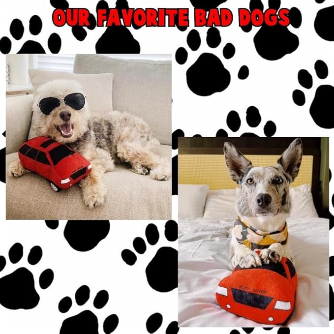 Bad Dog Ruff Rover Parody Plush Funny Cute Unique Squeaky Fun Dog Toy with Squeaker for Small Medium Breeds Designer Puppy Gifts Birthday Stuff Car Truck Pet Safe Materials (Red)