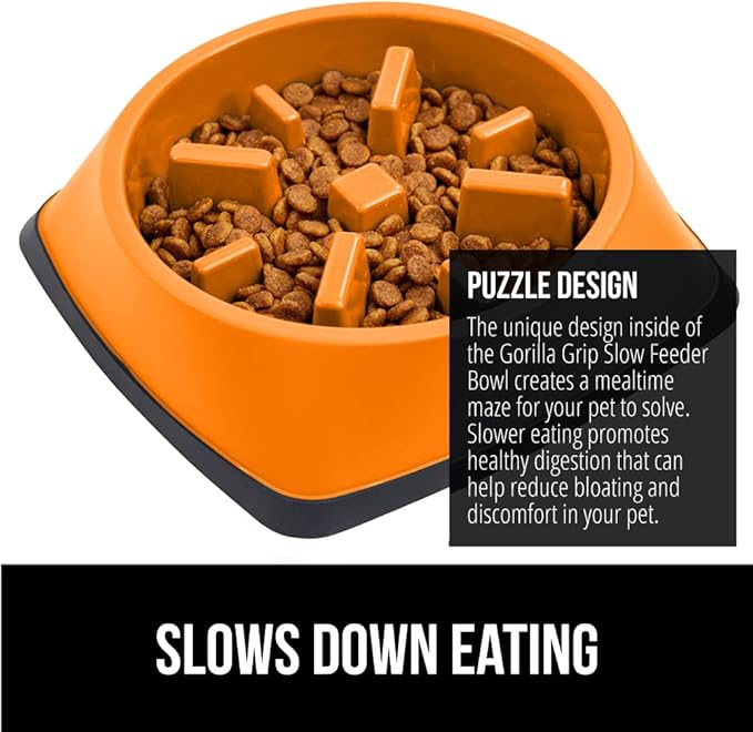 Gorilla Grip Slow Feeder Dog and Cat Bowls, Interactive Puzzle Toy for Dogs and Cats Food Training, Keeps Pets Busy and Prevents Puppy Overeating, Large, Small Breeds, 100% BPA Free, 4 Cup Orange