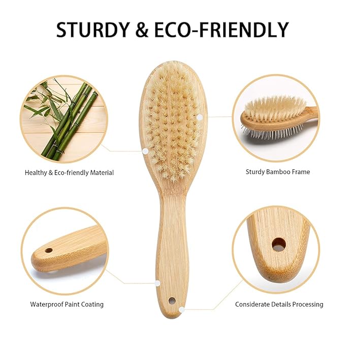 Double Sided Dog and Cat Brush - Bristle and Pin for Grooming, Real Boar Bristle With Bamboo Handle for Long Short Hair, 4 Pack Comb, Black+Yellow