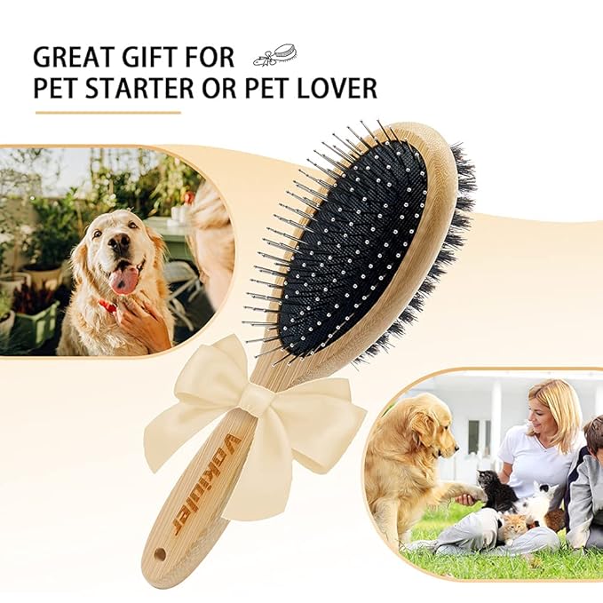 Dog Brush Cat Brush, Vokiuler Double Sided Bristle and Pin Pet Brush for Dog Grooming, Real Boar Bristle Shedding Brush with Bamboo Handle for Long Short Hair, 2 Pack Dog Comb, Black