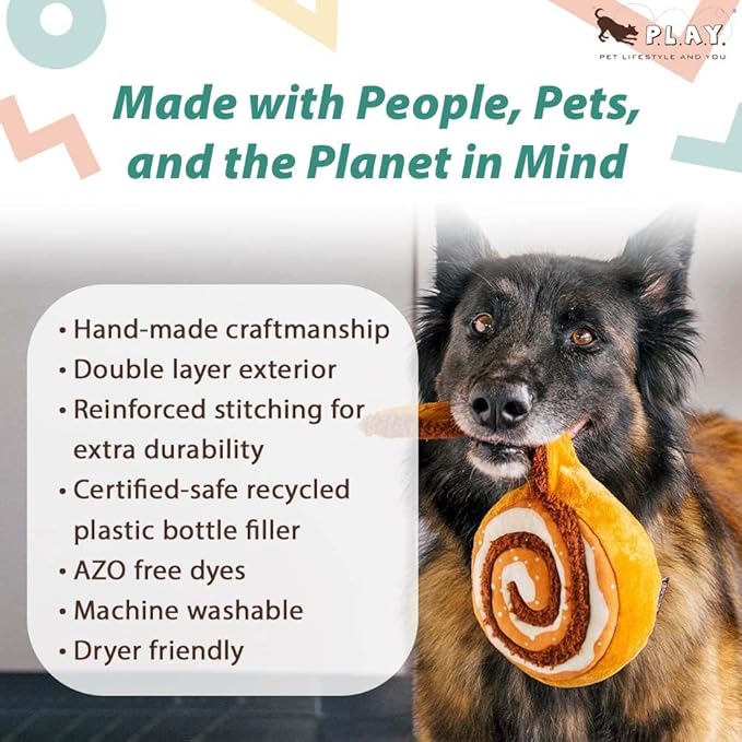 P.L.A.Y. Cute Plush Dog Toys - Coffee Shop Food Themed Durable Squeaker Chew Toy, Great for Puppies & Small, Medium, Large Dog Breeds - Machine Washable, Recycled Materials (Pup Cup Cafe Cinna-bone)