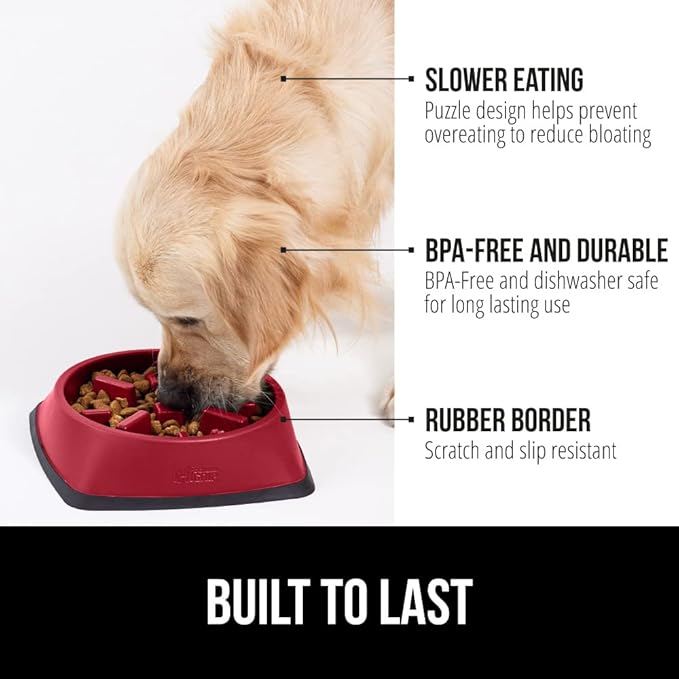 Gorilla Grip Slow Feeder Dog and Cat Bowls, Interactive Puzzle Toy for Dogs and Cats Food Training, Keeps Pets Busy and Prevents Puppy Overeating, Large, Small Breeds, 100% BPA Free, 4 Cup Red