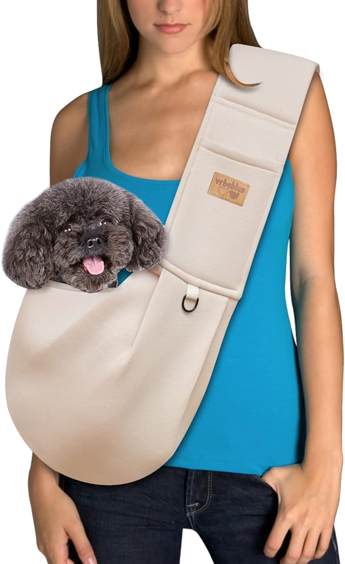 Dog Sling Hands Free Dog Sling Carrier Adjustable Strap Dog Carrier Sling Soft Cotton Dog Carrier Bag Dog Carriers with Pocket for Travel Outdoor(Beige)